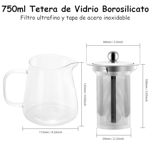  Tetera Borosilicato 750 ml Para Té y Hierbas, con Infusor y Colador, Acero Inoxidable, Ideal para Estufa y Prepare Su T