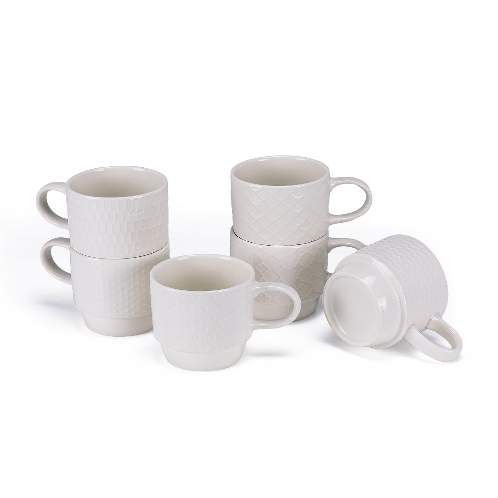 EYMPEU Set de 6 Tazas de Porcelana Blanca para Hogar y Oficina, Diseño Texturizado Elegante, Apta para Regalo de Café y 