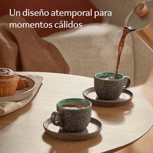  Conjunto de 4 Tazas de Café Espresso con Plato - Cerámica de 90 ml - Juego Café Moderno - Gres Grueso Esmaltado a Mano 