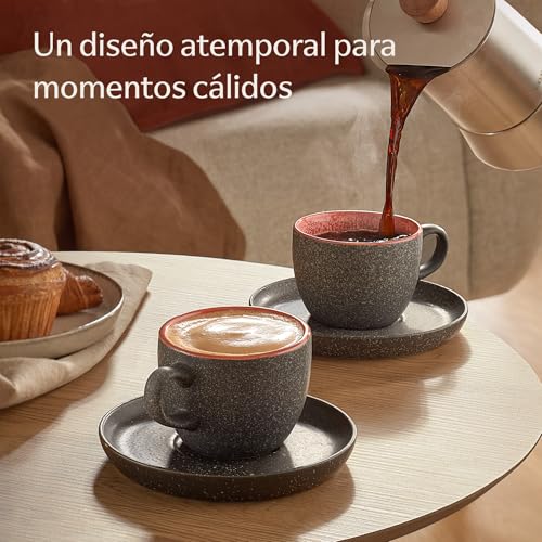 Café Cosumy Set de 4 Tazas Capuchino 200ml Cerámica Rojo Mantiene Calor Gres Grueso Esmalte Reactivo Moderno Usa en Casa