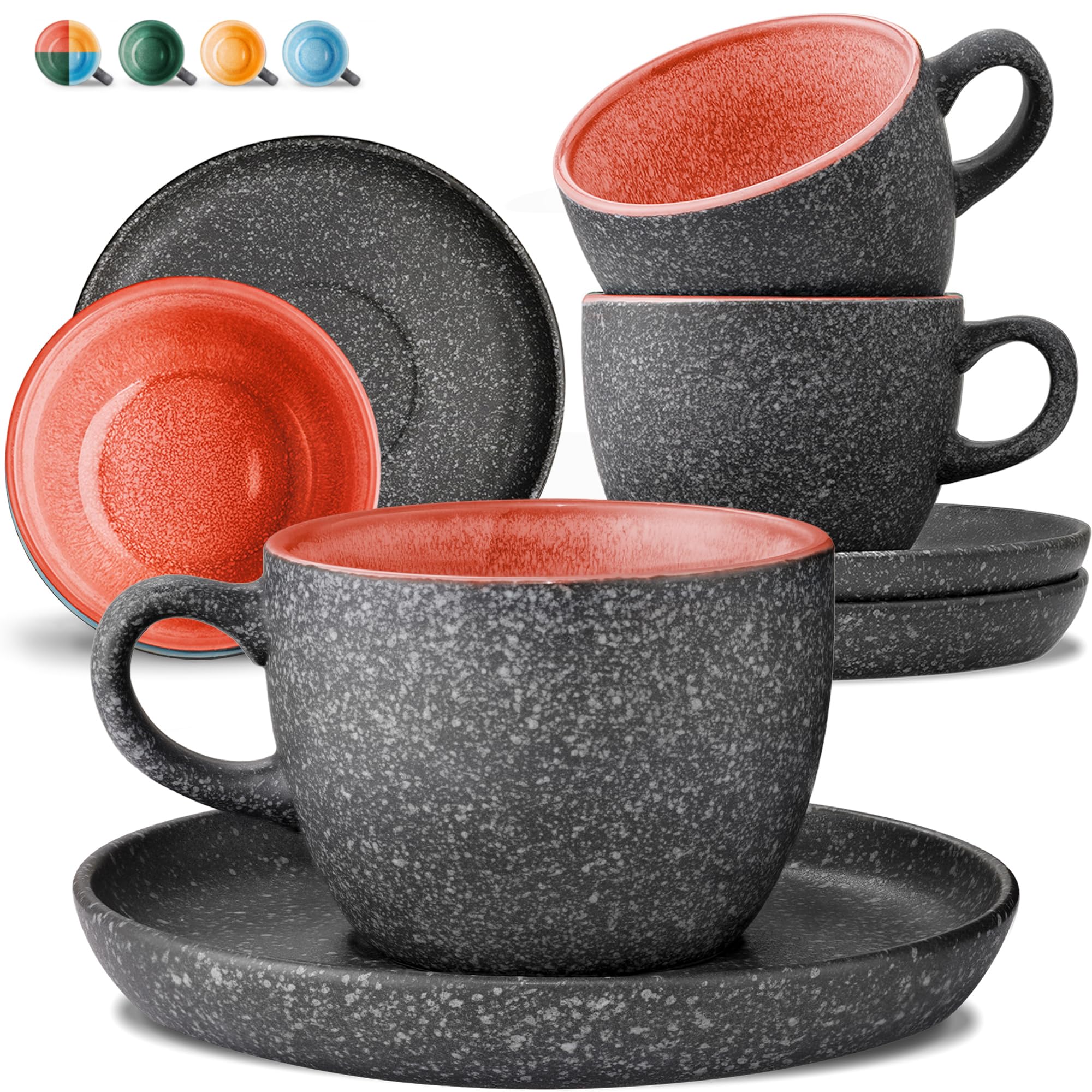 Café Cosumy Set de 4 Tazas Capuchino 200ml Cerámica Rojo Mantiene Calor Gres Grueso Esmalte Reactivo Moderno Usa en Casa