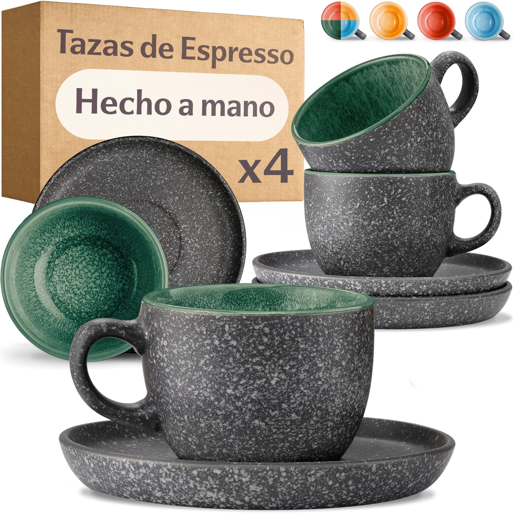  Conjunto de 4 Tazas de Café Espresso con Plato - Cerámica de 90 ml - Juego Café Moderno - Gres Grueso Esmaltado a Mano 